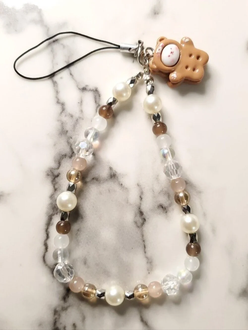 Y2K Kawaii Bear Biscuit Phone Charm | Brown Coquette Beaded Wristlet